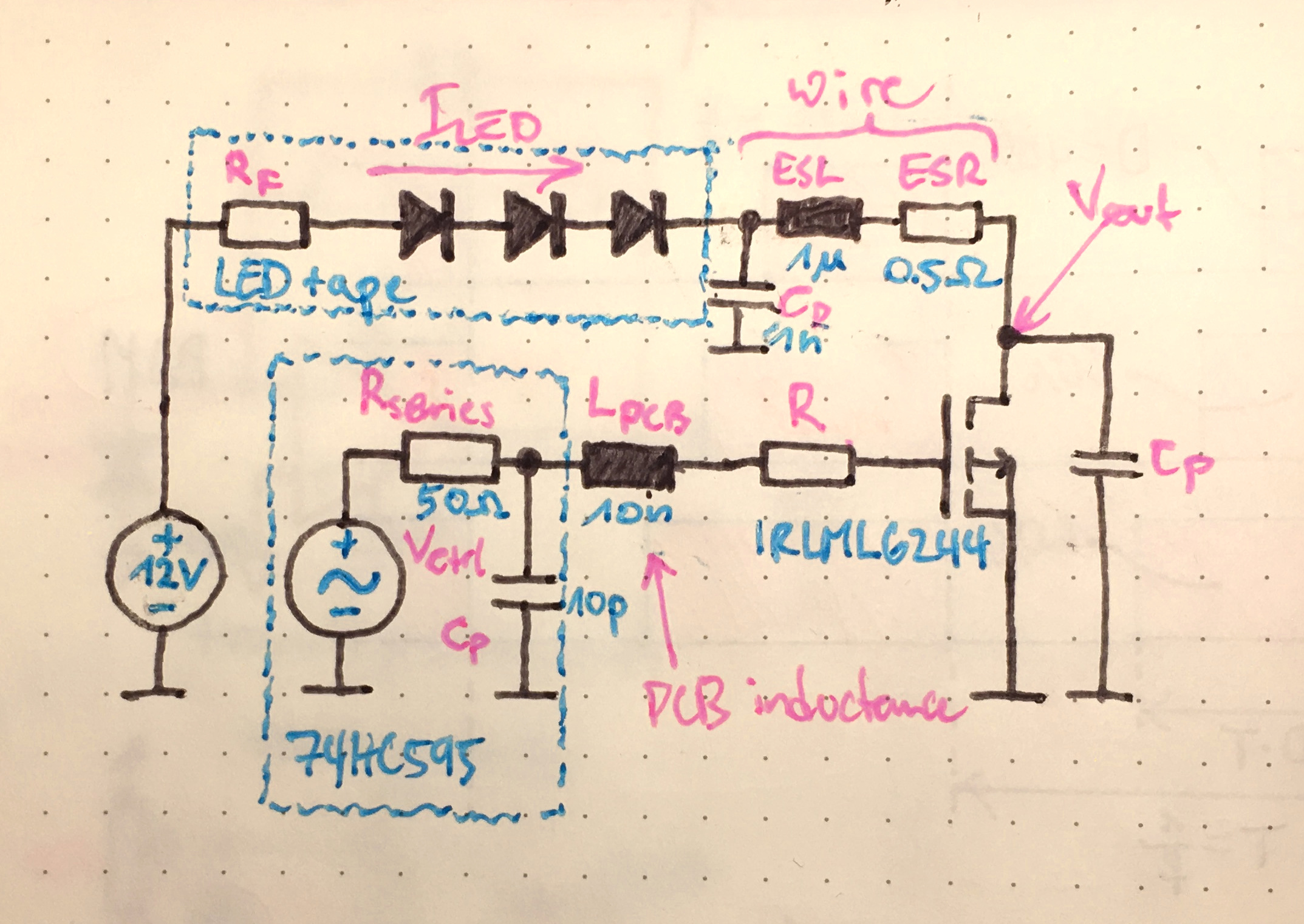 The LTSpice schematic of one output of the driver,
    taking into account the shift register's output ESR and the wiring ESL.