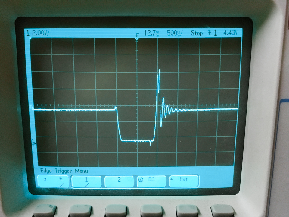 Strong ringing on the LED voltage waveform edge at about
        100% overshoot during about 70% of the cycle time.