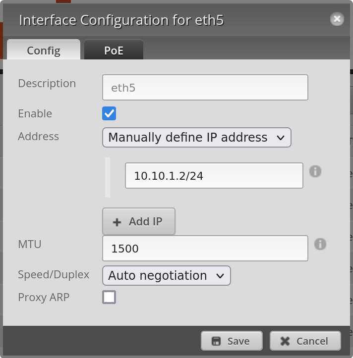 The EdgeRouter's graphical configuration interface showing IP
       address 10.10.1.2/24 being configured for interface eth5, which is the SFP interface.