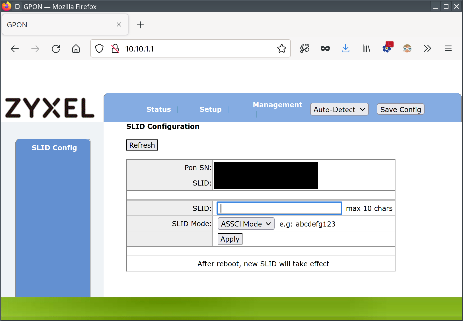 The SFP ONU configuration web interface shows its SLID
        configuration page. A text field labelled SLID asks the user to enter a value of at most ten characters. As
        an example, abcdefg123 is listed.