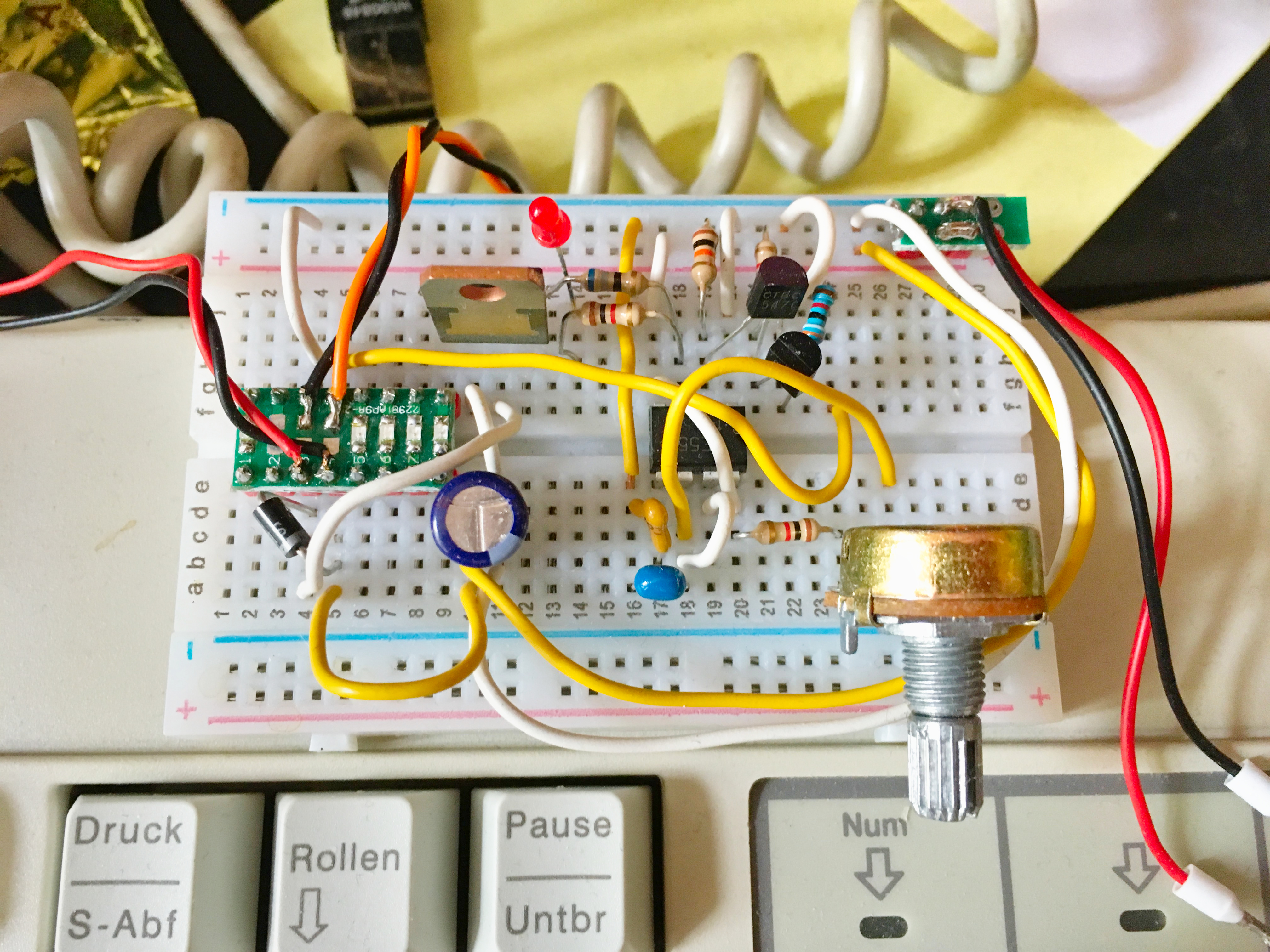 The circuit built on a breadboard