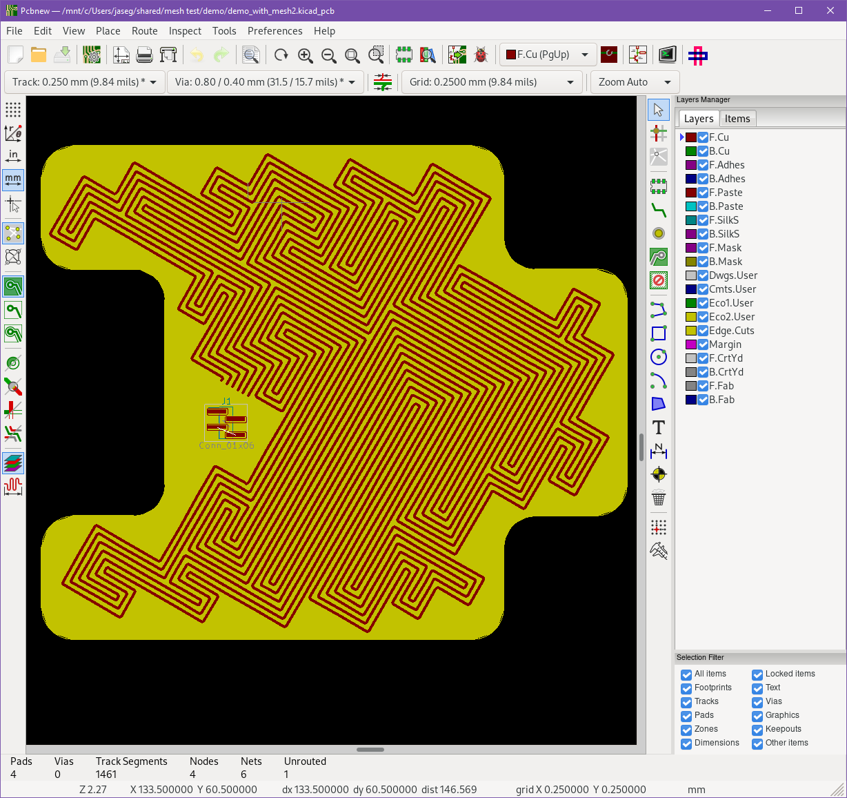 A screenshot of KiCAD showing a PCB security mesh generated by KiMesh.